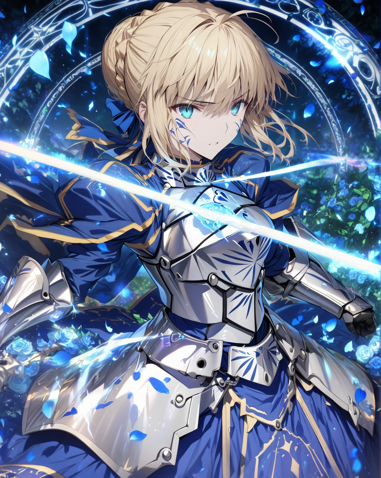 absurdres, highres, ultra detailed, HDR, master piece, best quality, extremely detailed, detailed eyes, detailed face, Artoria Pendragon, Saber, blonde hair, expressive turquoise eyes, Fate Stay Night, solo, woman, beautiful, blue dress, silver armor, magic circle, garden, green leaves, blue petals, blue roses, fantasy, magical