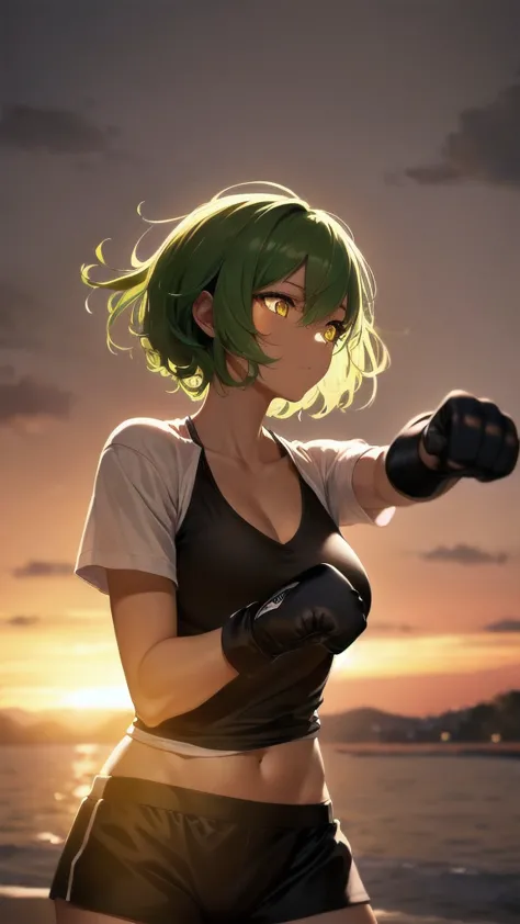 1girl, short_hair, short_sleeves, solo, upper_body,  boxer_girl, curly_green_hair,  detailed_hair, dark_skin, detailed_natural_s...