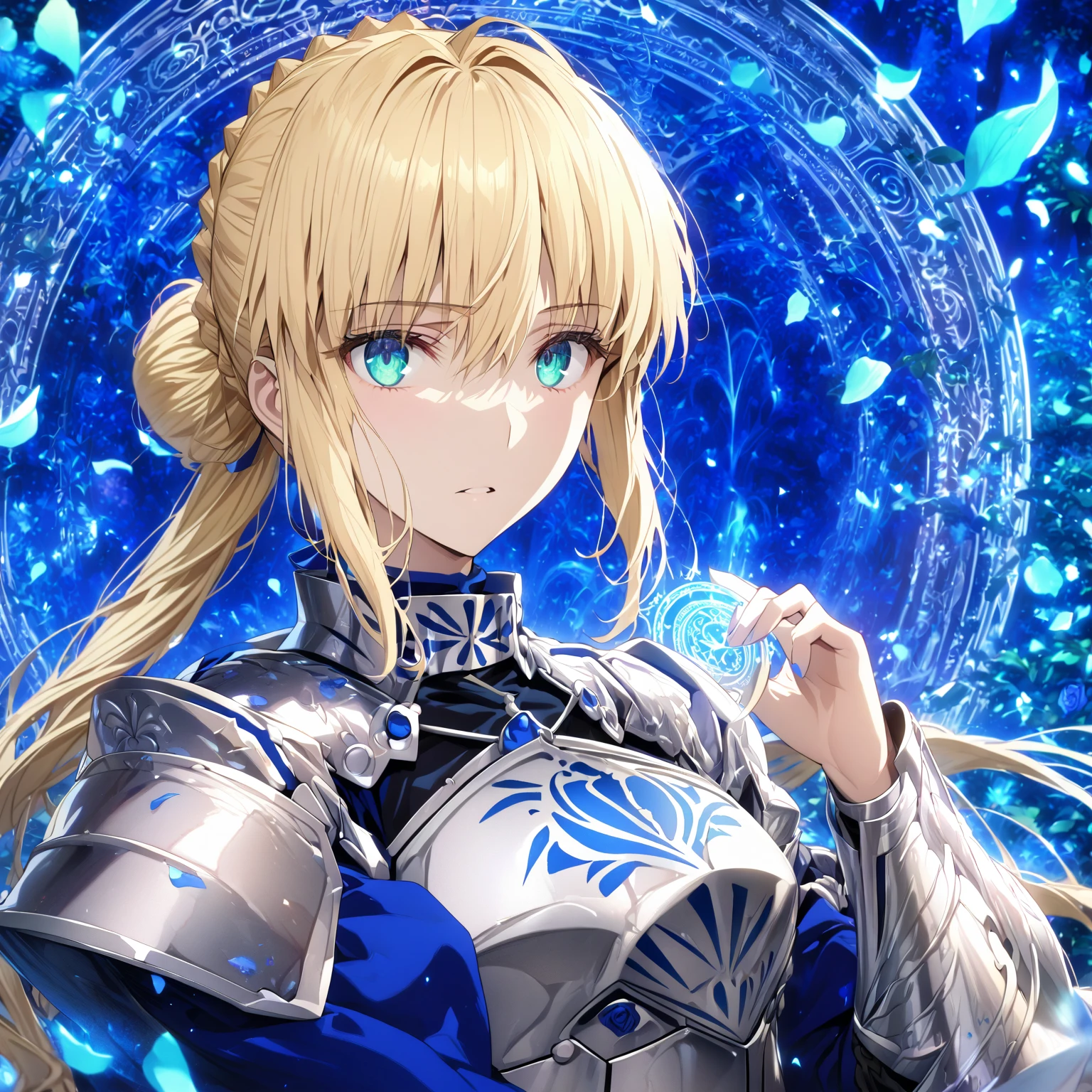 absurdres, highres, ultra detailed, HDR, master piece, best quality, extremely detailed, detailed eyes, detailed face, Artoria Pendragon, Saber, blonde hair, expressive turquoise eyes, Fate Stay Night, solo, woman, beautiful, blue dress, silver armor, magic circle, garden, green leaves, blue petals, blue roses, fantasy, magical