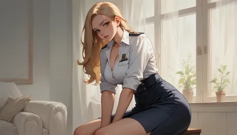 a sexy blonde girl with a voluptuous body wearing a new short naval dress uniform, it&#39;s too sexy and sensual, it has white l...