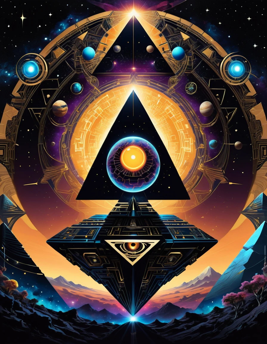 Art trbl2, Minimal Cybersigil,cool,Hypnotic illustration of object, hypnotic psychedelic art by Dan Mumford, pop surrealism, dark glow neon paint, mystical, Behance,Enhance image, full HD quality, 4k quality, adobe photoshop, vectorizedAlta resolução, Alta resolução, Detalhes altos, Qualidade, Super detalhe, Ultra HD, Fundo simples, Linhas de movimento, Ilusão ótica, Iluminação cinematográfica, Renderização 3D, Ilustração, OctaneRender 8K, Behance, Cinematográfico, Arte digital, Create a digital artwork with a cosmic, technological, and abstract theme inspired by 'Codigo da Ordem.' The image should include a central large eye symbol surrounded by cosmic and geometric patterns. Above the eye, place a humanoid head with intricate details, and a technological symbol like '0Z' on the forehead, radiating energy. Around the head and eye, include planets, spheres, and circular elements, resembling a solar system or cosmic order. At the bottom, a pyramid with light rays shooting upwards should lead to a lone human figure, standing with their reflection on a reflective surface. Colors should include black, dark purple, blue, with soft glowing elements of beige, yellow, and orange. Include subtle technological and mystic symbols, as well as futuristic textures. The text 'Codigo da Ordem' should be at the bottom with a modern, sci-fi stencil style,  movie poster, beautiful colors, nebula, high quality