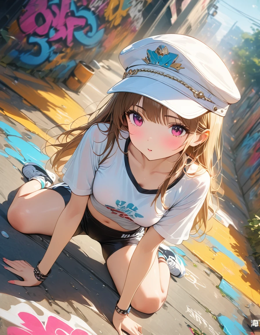 fashion girl,sports shorts, white peaked cap, wariza, street graffiti, (extremely delicate and beautiful: 1.2), movie angle,(beautiful details eyes: 1.1), (Detail lights: 1.1)Ultra HD, masterpiece, high detail, high quality, The best, High resolution