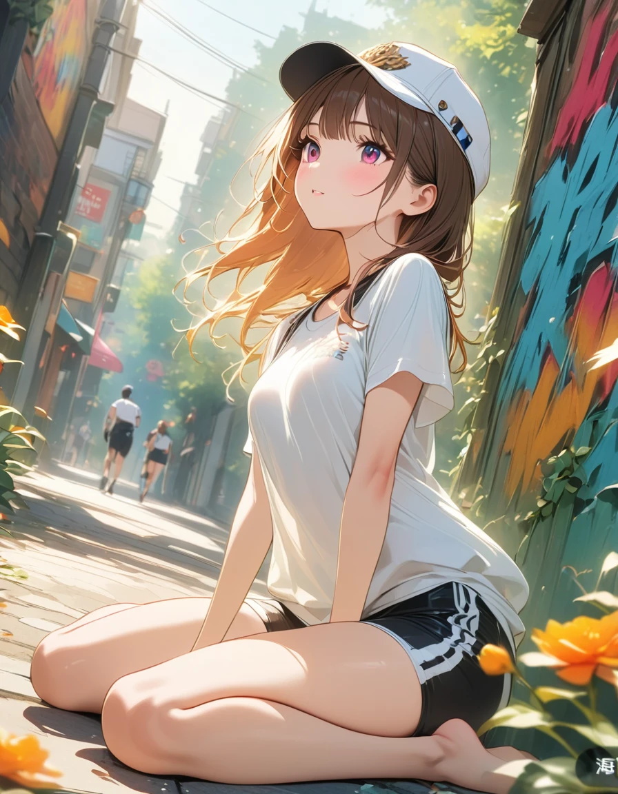 fashion girl,sports shorts, white peaked cap, wariza, street graffiti, (extremely delicate and beautiful: 1.2), movie angle,(beautiful details eyes: 1.1), (Detail lights: 1.1)Ultra HD, masterpiece, high detail, high quality, The best, High resolution