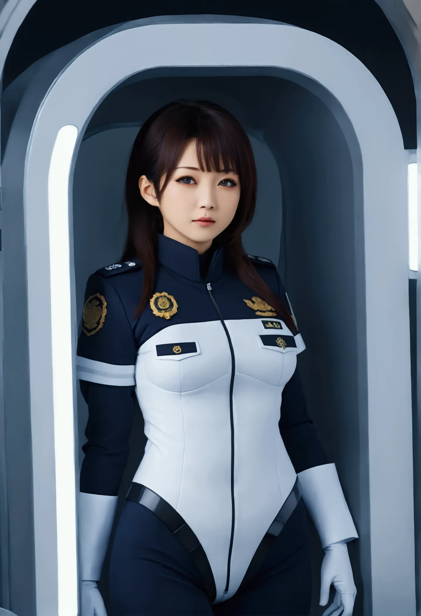 (((( japanese woman wearing 2005 japan police officer )))), with flowing hair on a realistic futuristic space station)), ((sleep...