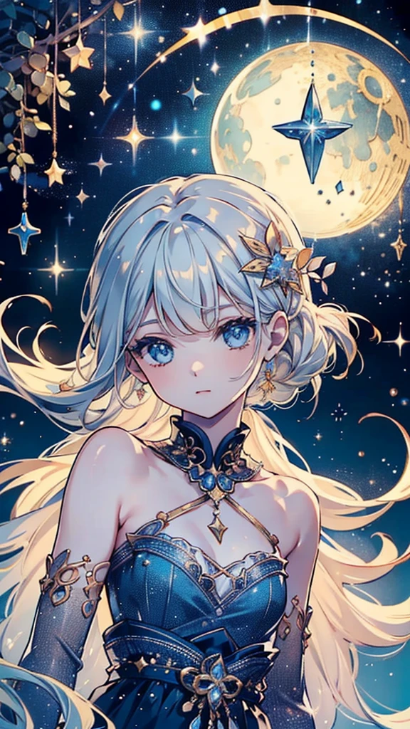 1fairy,Highly detailed face、(((Best Quality、Masterpiece、Official Art、Super detailed、32K、Full HD、CG、High definition)))、The best composition、Golden Ratio、Dramatic lighting、Best lighting、Crescent Moon、star、流star群、star空、starの妖精、Milky white hair、Absurd、Fantasy、Diamond decoration、cute、Romantic atmosphere、Long eyelashes、Mysterious、