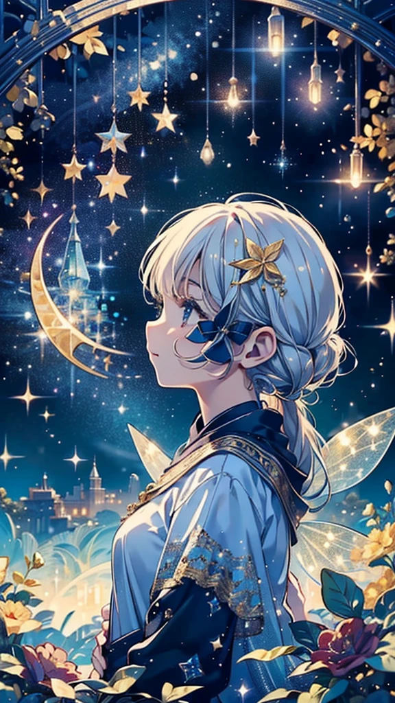 1fairy,Highly detailed face、(((Best Quality、Masterpiece、Official Art、Super detailed、32K、Full HD、CG、High definition)))、The best composition、Golden Ratio、Dramatic lighting、Best lighting、Crescent Moon、star、流star群、star空、starの妖精、Milky white hair、Absurd、Fantasy、Diamond decoration、cute、Romantic atmosphere、Long eyelashes、Mysterious、