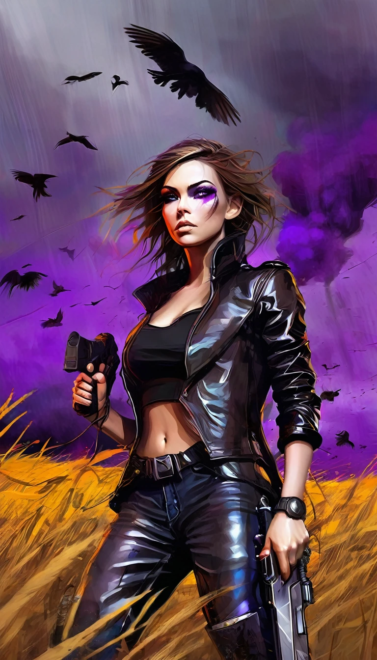 Centered image:1.4, dark and torn, ((1 young and beautiful muscular body in leather clothing:1.6)), fierce expression, Holding a gun, (colors in your clothes, warm, orange, yellow, Violet: 1.3), standing in a desolate field , Dramatic lighting, intense shadows, sandy texture, high contrast, vibrant colors, dynamic pose, powerful posture, rough background, explosive atmosphere, dystopian theme, Surreal elements, Digitally painted illustration, high definition resolution, intricate details, dramatic composition, Avant-garde and chaotic brushstrokes, Gothic, intense emotions, epic scale, Raw and rough feeling, Captivating and provocative works of art..mixbabyiffy41