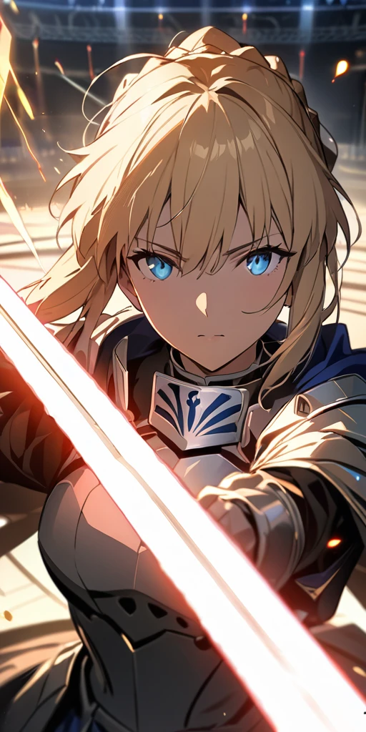 (masterpiece:1.2), (highest quality:1.2), Perfect Eyes, Perfect Face, Perfect lighting,1girl，to know, holding sword artoria pendragon \(fate\), fate \(series\) perspective beautiful, aesthetic, detailed, beautiful color amazing quality, best quality, high quality,Arena