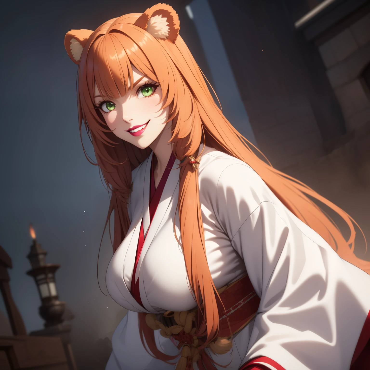 Woman Rapunzel ,bright orange hair , bear ears, light green eyes, Big breasts, evil smile showing teeth, malicious look, Evil woman, painted lips. Japanese priestess clothing, white and red, background a fantasy castle, 