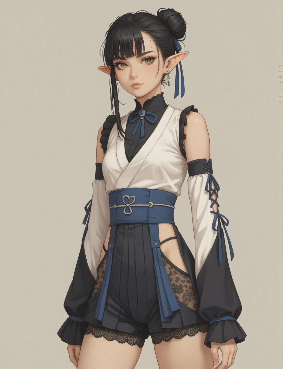 Create a digital illustration of a female character with elf ears with round dots instead of eyebrows. For the hairstyle, she should have black hair styled into a single bun at the back of her head, complemented by asymmetrically chopped bangs that transition into a long lock on one side. Her outfit should match short hakama with detached sleeves and frills under the shorts and the sleeves, in a gothic style, featuring intricate white lace patterns, detailed cutouts, and a white obi with a black seigaiha black pattern. The outfit should include layered skirts and ribbon details to emphasize a similar aesthetic. Hakama shorts. Add a muted background that complements her striking attire and hairstyle.