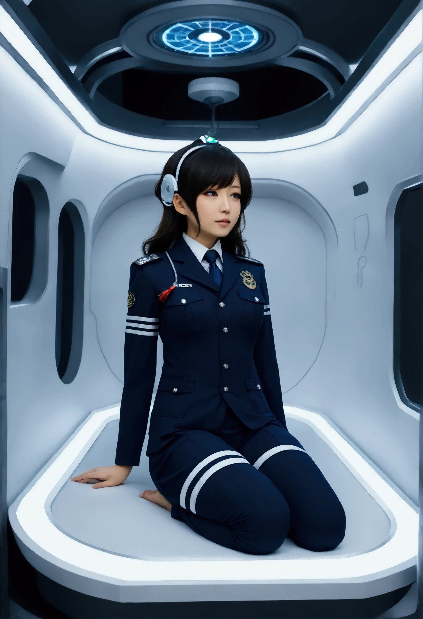 (((( Japanese Woman wearing 2005 japan Police Officer )))), with flowing hair on a realistic futuristic space station)), ((sleeping in coffin shaped futuristic cryopod)), ((cushioned bed with display and glowing control surfaces)), ((scifi circlet on head)), weightless & floating, (photorealistic), , , (with medical sensor harness and connected full body
