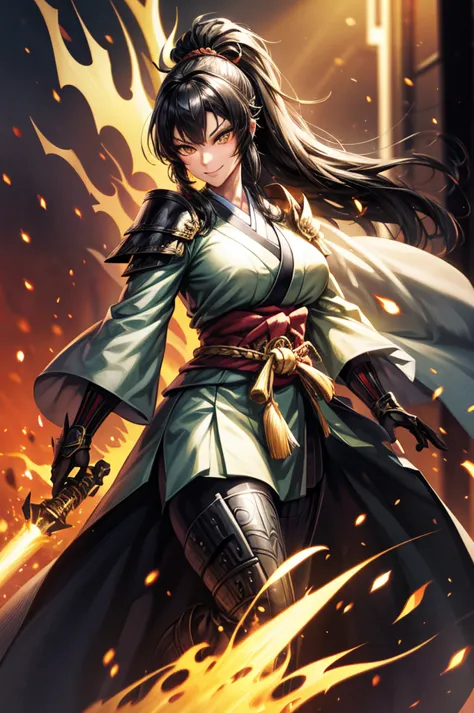 wearing armor one adult female, wearing light armor, wearing green kimono, long hair, side ponytail, black hair, golden eyes, de...