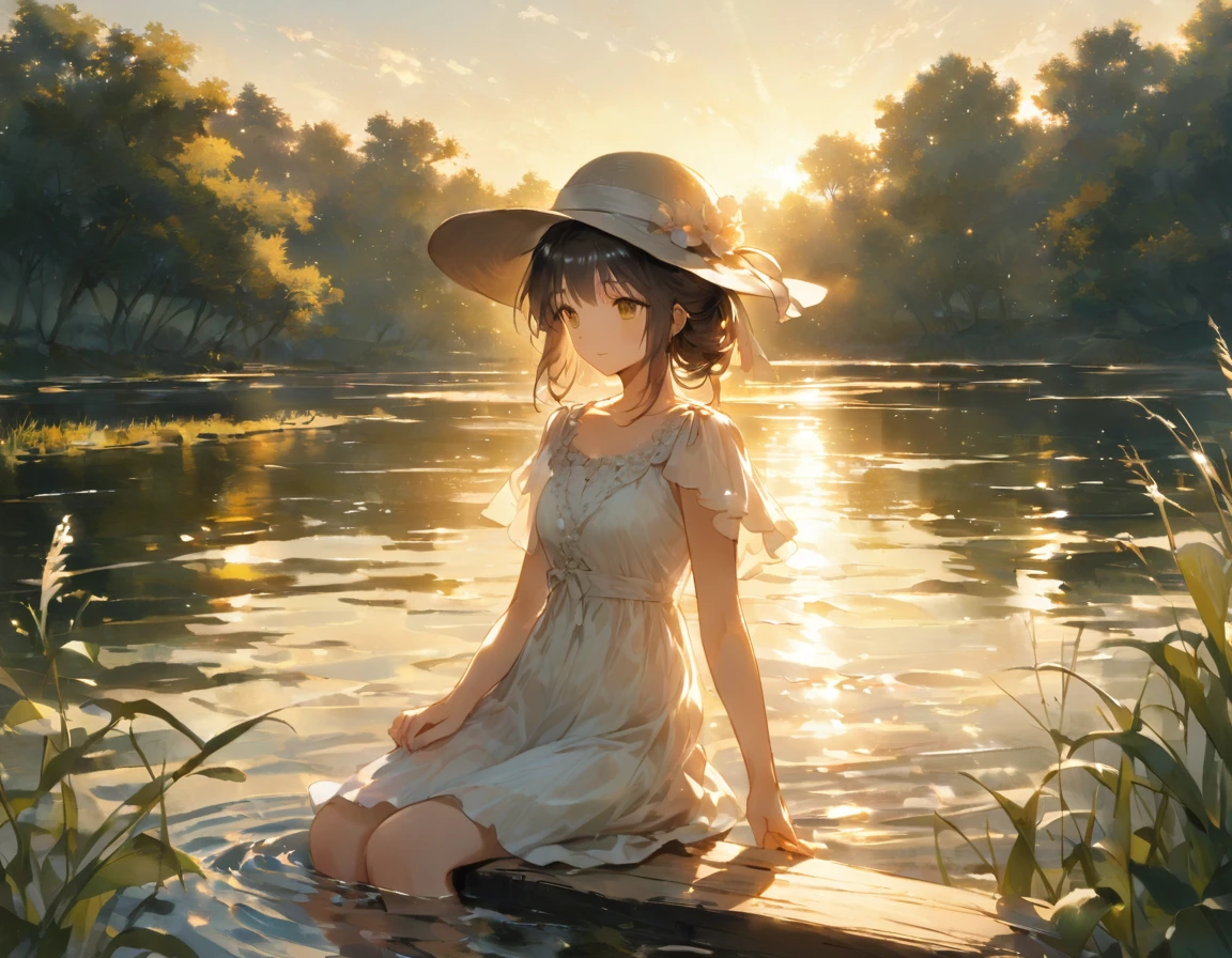 ((Best Quality))、((excellent))、(detailed)、8k、「Serene scene of a young woman fishing on a quiet river bank during golden hour。Fluffy cat sitting next to her、Looking curiously at the water。The woman is wearing a wide-brimmed hat and a simple summer dress.、tree製の釣り竿を持っています。tree々The sunlight shining through、It casts a warm golden hue over the entire scene.。The river is calm、There is a gentle ripple。In the background、There is tall grass swaying gently in the breeze。」Conceptual Art、jpeg artifacts、First Person View、Ultra-high resolution、Anatomically correct、Attention to detail、非常にdetailed