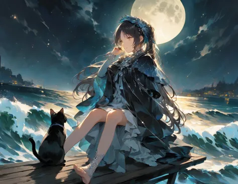 ((best quality))、((excellent))、(detailed)、8k、「mystical night scene of a woman standing on a pier and fishing under a full moon。t...