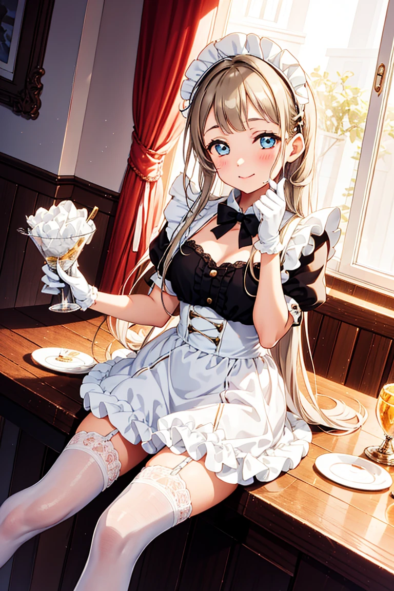 Teenage Girl，Attractions，have fun，in love，(Wearing a white modern and innovative maid outfit，Wearing stockings)，(White ruffle gloves)，White hair，Sacred headdress，Transparent lace，Beautifully dressed，Alone，Dining room，Beverages，(night:1.1)，Delicate and beautiful face，