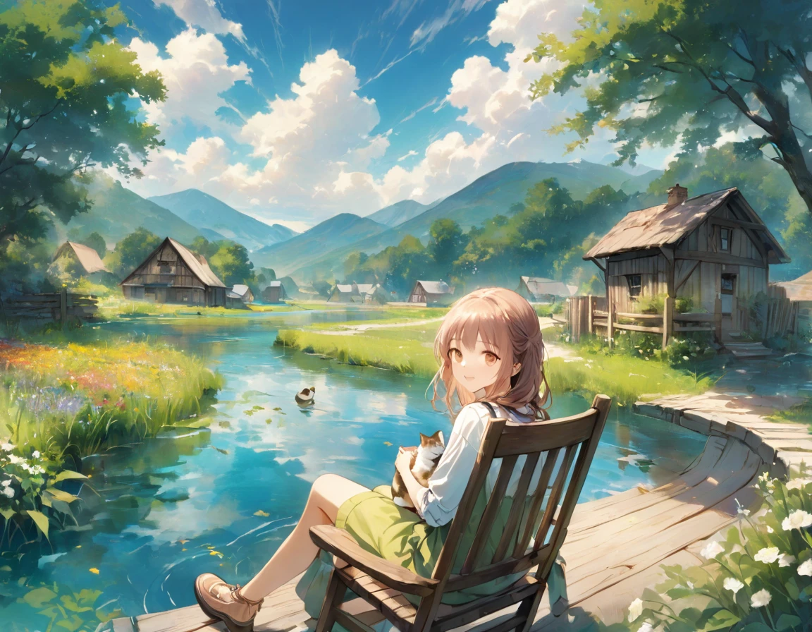 ((Best Quality))、((excellent))、(detailed)、8k、「In the rustic countryside、Woman fishing in a small village pond。She is sitting on a wooden chair、Wearing casual clothing with rolled up sleeves。Playful tabby cat trying to grab a fishing line。The pond is surrounded by wildflowers、In the distance you can see an old wooden fence.。The weather was sunny、The sky is littered with fluffy clouds。Ducks are swimming lazily in the pond。」Conceptual Art、jpeg artifacts、First Person View、Ultra-high resolution、Anatomically correct、Attention to detail、非常にdetailed