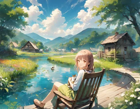 ((best quality))、((excellent))、(detailed)、8k、「in the rustic countryside、woman fishing in a small village pond。she is sitting on ...