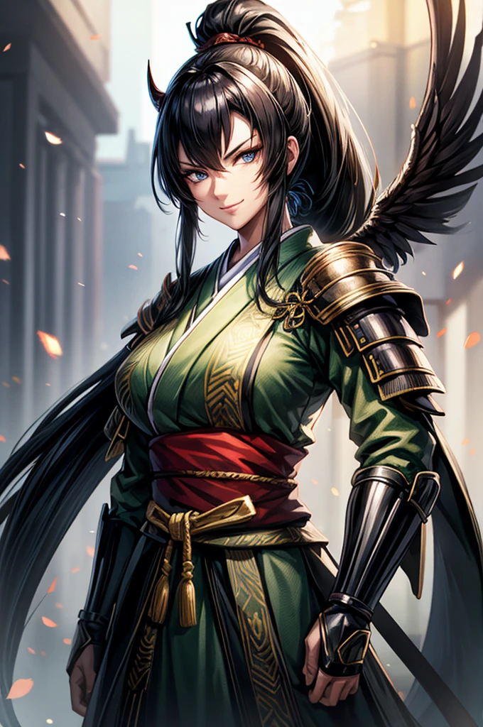 wearing armor One adult female, wearing light armor, wearing green kimono, Long Hair, low  ponytail, black hair, blue Eyes, devil pupils, Light makeup, intense smile, tite waist, Big Breasts, full body, big hair, hair over eye, anime, cinematic lighting, cowboy shot, UHD, retina, masterpiece, accurate, anatomically correct, textured skin, super detail, high details, high quality, award winning, best quality, highres, 8k