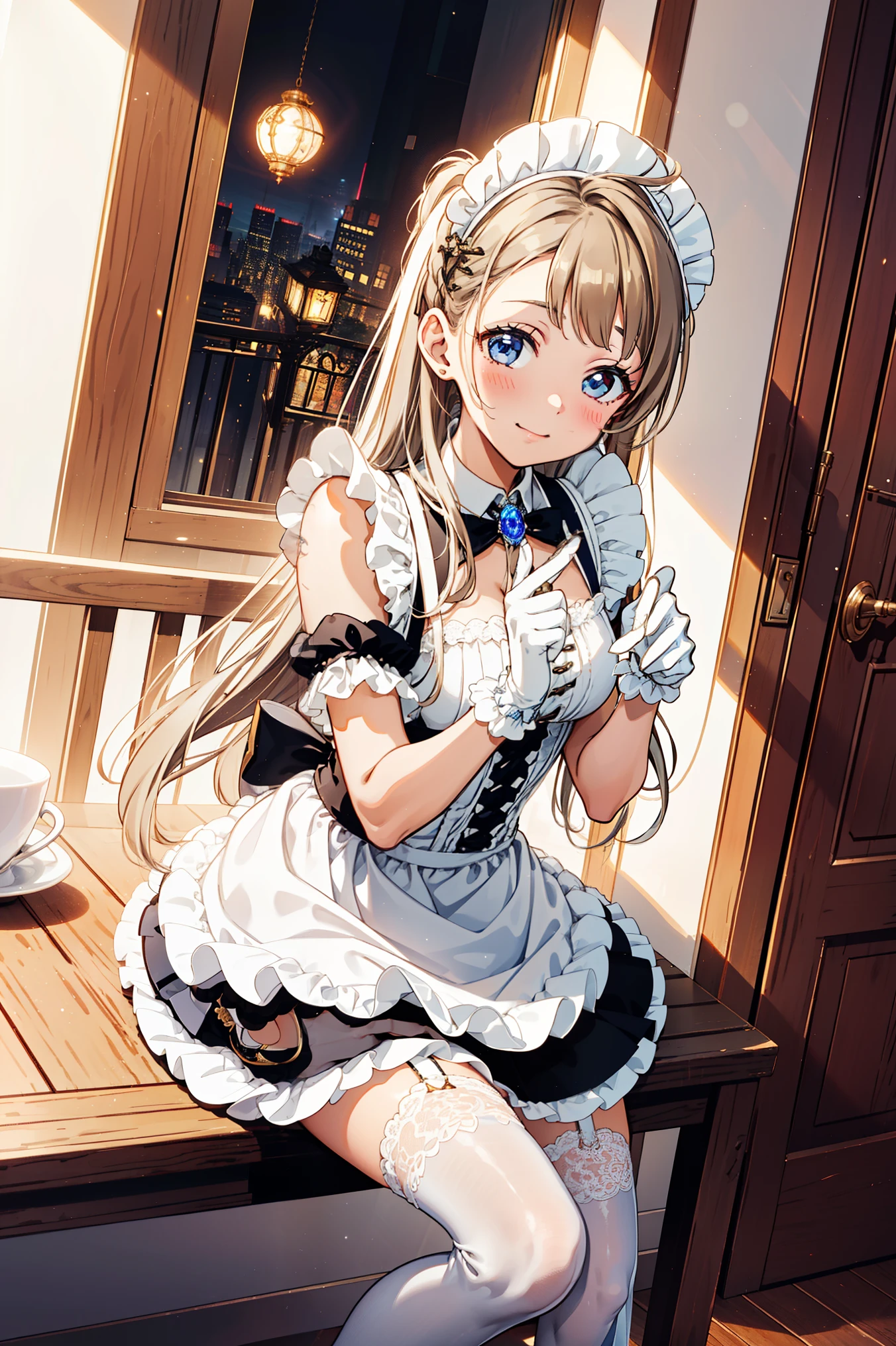 Teenage Girl，Attractions，have fun，in love，(Wearing a white modern and innovative maid outfit，Wearing stockings)，(White ruffle gloves)，White hair，Sacred headdress，Transparent lace，Beautifully dressed，Alone，Dining room，Beverages，(night:1.1)，Delicate and beautiful face，