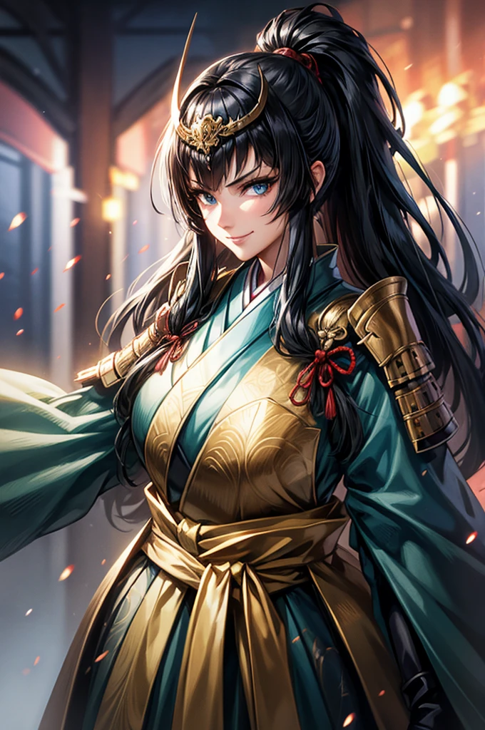 wearing armor One adult female, wearing light armor, wearing green kimono, Long Hair, low  ponytail, black hair, blue Eyes, devil pupils, Light makeup, intense smile, tite waist, Big Breasts, full body, big hair, hair over eye, anime, cinematic lighting, cowboy shot, UHD, retina, masterpiece, accurate, anatomically correct, textured skin, super detail, high details, high quality, award winning, best quality, highres, 8k