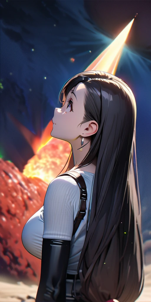 (((((Tifa Lockhart,Final Fantasy 7:1.5))))),((Highest quality、masterpiece、anime style、best quality、high resolution、8k、detailed、ultra-detailed:1.3))、Long legs:1.2, Beautiful woman with perfect figure:1.4、(Smiling:1.2), double eyelid、30-year-old female、((((One Woman,upper body:1.5)))),Big Breasts、High resolution, accurate, Anatomically correct, High-resolution model, high quality, Very detailed, Ultra high definition、Black Hair、Straight Hair、Long Hair、(((A super giant comet in the night sky、Rear view、Looking up at the sky:1.3)))