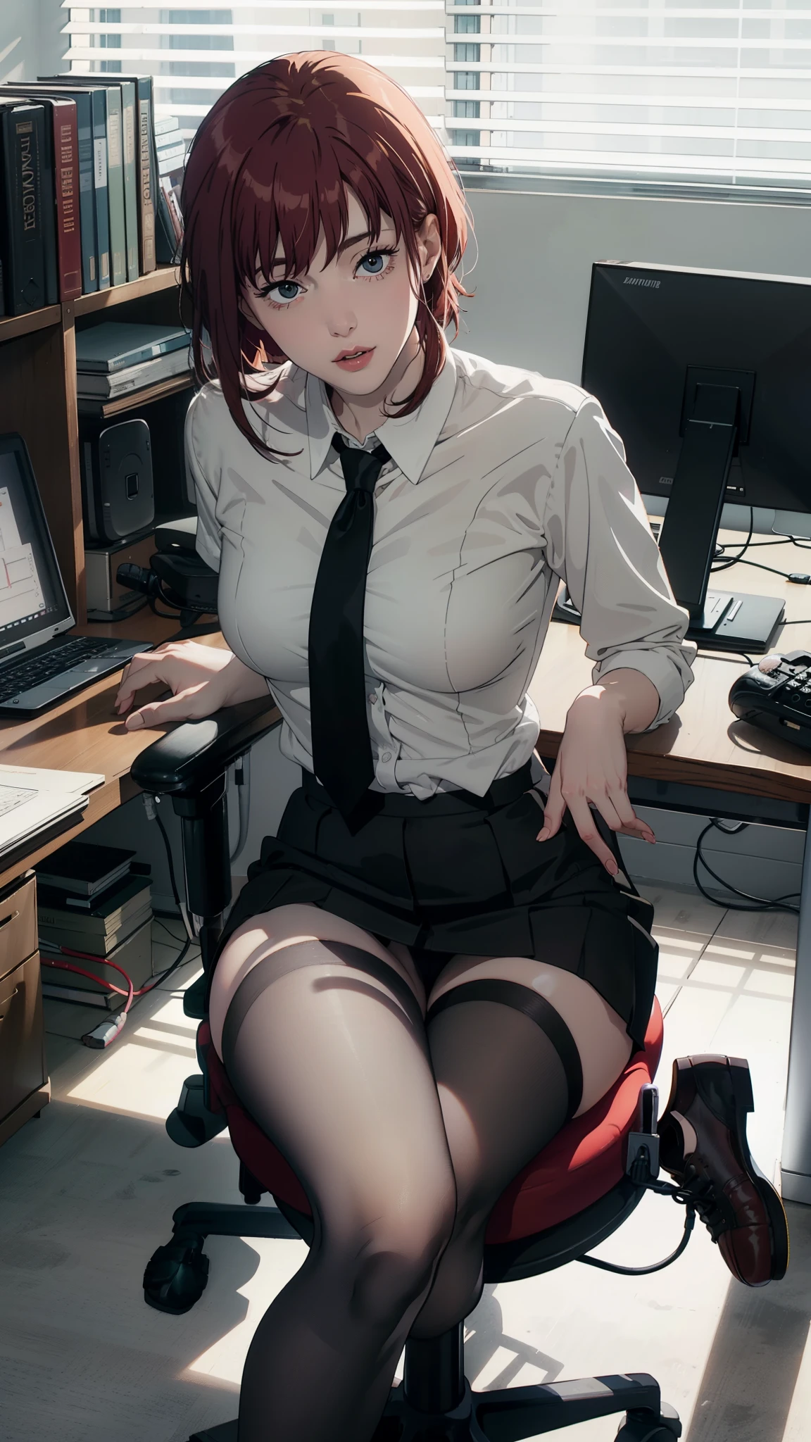 Woman, Secretary, face perfect, beautiful  face, shorth hair, white dress shirt, Black Skirt, transparent pantyhose, pretty legs, pose sexy, sitting on an office chair, 4 k realistic, Redhead, spreading her legs showing off her white panties 