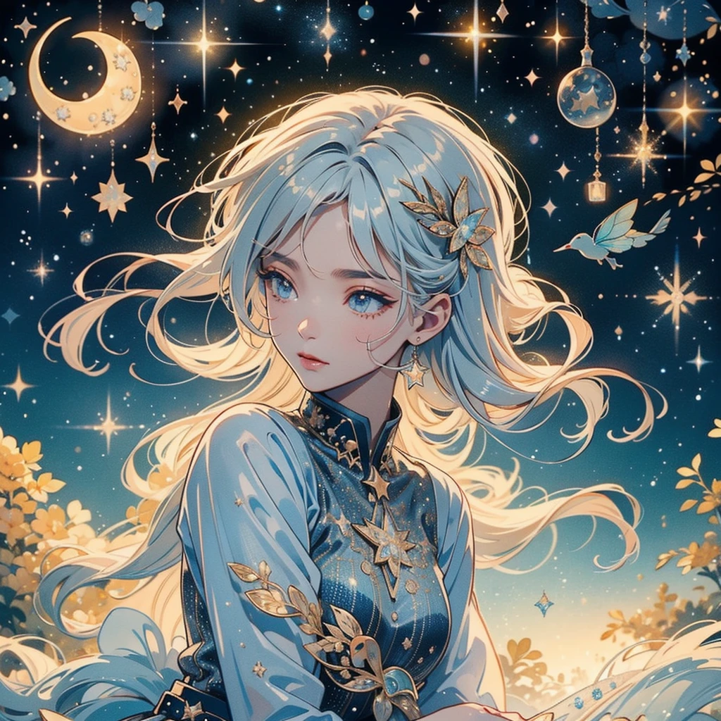 1fairy,Highly detailed face、(((Best Quality、Masterpiece、Official Art、Super detailed、32K、Full HD、CG、High definition)))、The best composition、Golden Ratio、Dramatic lighting、Best lighting、Crescent Moon、star、流star群、star空、starの妖精、Milky white hair、Absurd、Fantasy、Diamond decoration、cute、Romantic atmosphere、Long eyelashes、Mysterious、