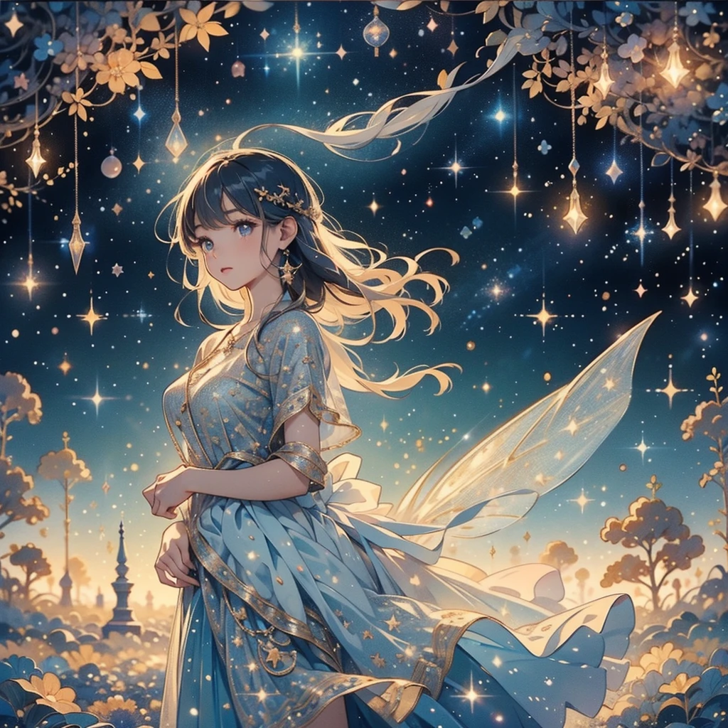 1fairy,Highly detailed face、(((Best Quality、Masterpiece、Official Art、Super detailed、32K、Full HD、CG、High definition)))、The best composition、Golden Ratio、Dramatic lighting、Best lighting、Crescent Moon、star、流star群、star空、starの妖精、Milky white hair、Absurd、Fantasy、Diamond decoration、cute、Romantic atmosphere、Long eyelashes、Mysterious、Fairy wings growing from her waist、