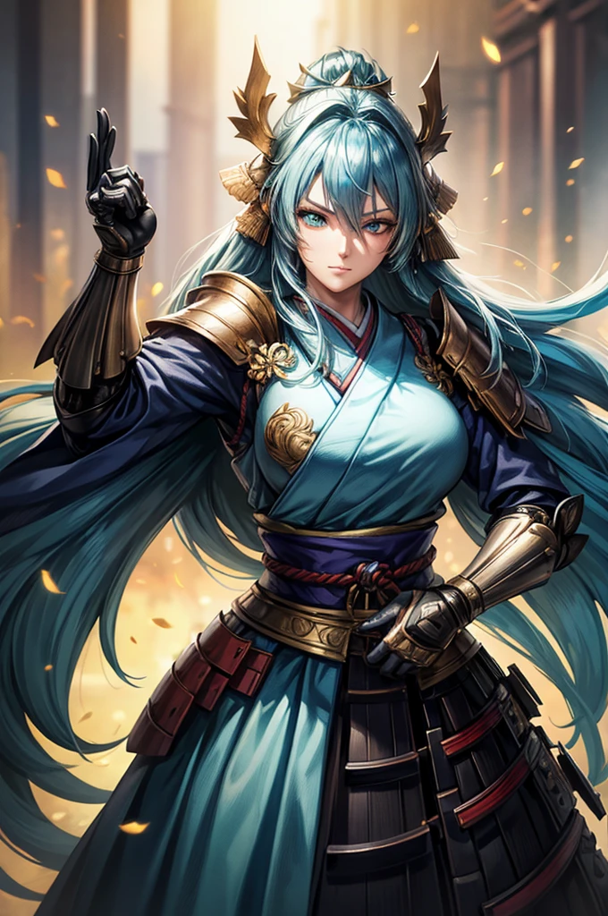 wearing armor One adult female, wearing light armor, wearing green kimono, hair over shoulder, ahoge, hair over one eye, blue hair, green Eyes, tareme, one eye closed, Light makeup, intense sad, tite waist, Big Breasts, full body, hair over eye, anime, cinematic lighting, cowboy shot, UHD, retina, masterpiece, accurate, anatomically correct, textured skin, super detail, high details, high quality, award winning, best quality, highres, 8k