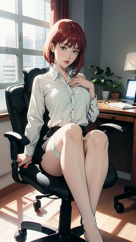 Woman, Secretary, face perfect, beautiful  face, shorth hair, white dress shirt, Black Skirt, transparent pantyhose, pretty legs, pose sexy, sitting on an office chair, 4 k realistic, Redhead, spreading her legs showing off her white panties ,very short tight skirt,legs wide open, simple background,office slut