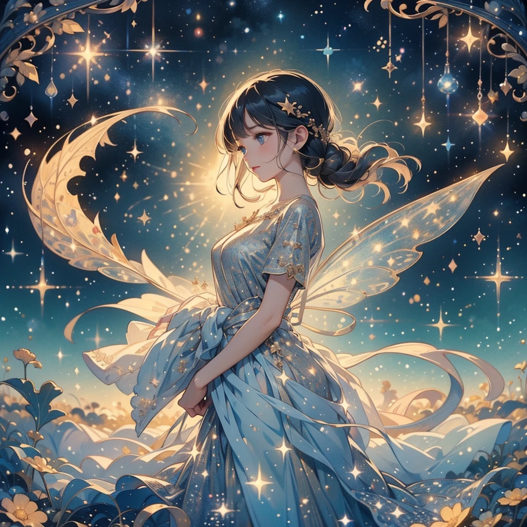 1fairy,Highly detailed face、(((Best Quality、Masterpiece、Official Art、Super detailed、32K、Full HD、CG、High definition)))、The best composition、Golden Ratio、Dramatic lighting、Best lighting、Crescent Moon、star、流star群、star空、starの妖精、Milky white hair、Absurd、Fantasy、Diamond decoration、cute、Romantic atmosphere、Long eyelashes、Mysterious、Fairy wings growing from her waist、cute笑顔、