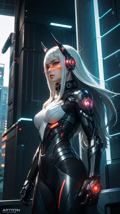 1girl, a beautiful girl cyborg cyberpunk with a cyberpunk city tall buildings, white hair, cybermask, white and orange and black...