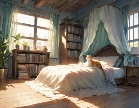 ((best quality))、((excellent))、(detailed)、8k、「the woman overslept.、cozy morning scene in a sunny bedroom。she lay wrapped in a so...