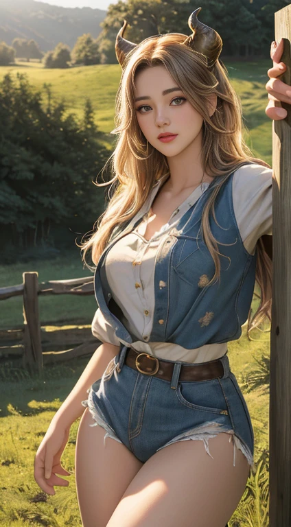 (best quality,4k,8k,highres,masterpiece:1.2),ultra-detailed,(realistic,photorealistic,photo-realistic:1.37),beautiful detailed eyes,beautiful detailed lips,extremely detailed eyes and face,longeyelashes,1girl,cowgirl,busty,wide hips,thick thighs,small horns,cinematic art,art rich in detail,perfect art,rural countryside setting,dramatic lighting,golden hour,vibrant colors,lush greenery,rolling hills,wooden fences