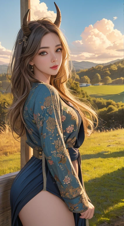 (best quality,4k,8k,highres,masterpiece:1.2),ultra-detailed,(realistic,photorealistic,photo-realistic:1.37),beautiful detailed eyes,beautiful detailed lips,extremely detailed eyes and face,longeyelashes,1girl,cowgirl,busty,wide hips,thick thighs,small horns,cinematic art,art rich in detail,perfect art,rural countryside setting,dramatic lighting,golden hour,vibrant colors,lush greenery,rolling hills,wooden fences