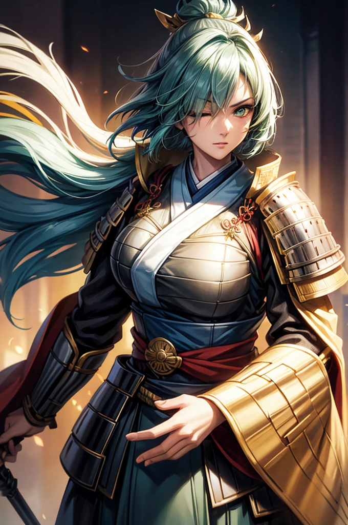 wearing armor One adult female, wearing light armor, wearing green kimono, short hair, ahoge, hair over one eye, blue hair, green Eyes, tareme, one eye closed, Light makeup, intense sad, tite waist, Big Breasts, full body, hair over eye, anime, cinematic lighting, cowboy shot, UHD, retina, masterpiece, accurate, anatomically correct, textured skin, super detail, high details, high quality, award winning, best quality, highres, 8k