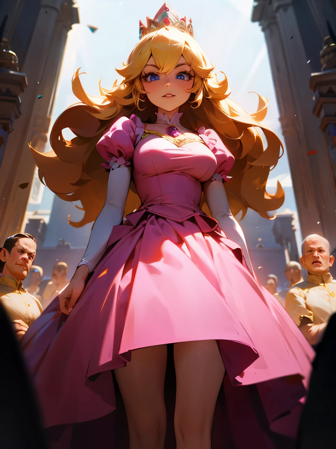 Princesa Peach, Standing, pink dress, big breasts, imposing face, good lighting
