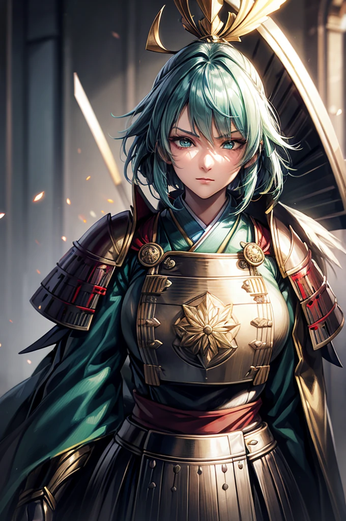 wearing armor One adult female, wearing light armor, wearing green kimono, short hair, ahoge, hair over one eye, blue hair, green Eyes, tareme, half-closed eyes, Light makeup, intense sad, tite waist, Big Breasts, full body, hair over eye, anime, cinematic lighting, cowboy shot, UHD, retina, masterpiece, accurate, anatomically correct, textured skin, super detail, high details, high quality, award winning, best quality, highres, 8k