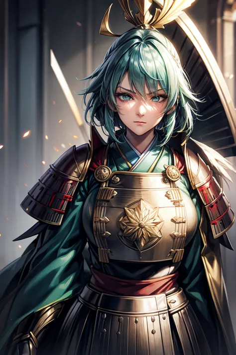 wearing armor one adult female, wearing light armor, wearing green kimono, short hair, ahoge, hair over one eye, blue hair, gree...