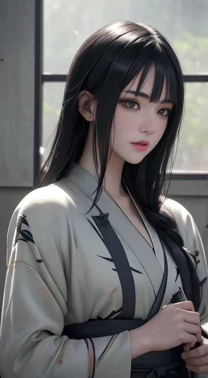 A beautiful young woman in a training field, 1 Hinata Hyuga from Naruto Shippuden, holding a kunai, extremely detailed face, beautiful detailed eyes, beautiful detailed lips, long eyelashes, intricate folds and textures of clothing, realistic skin textures, highly detailed, photorealistic, studio lighting, dramatic lighting, vivid colors, cinematic composition, (best quality,4k,8k,highres,masterpiece:1.2),ultra-detailed,(realistic,photorealistic,photo-realistic:1.37)