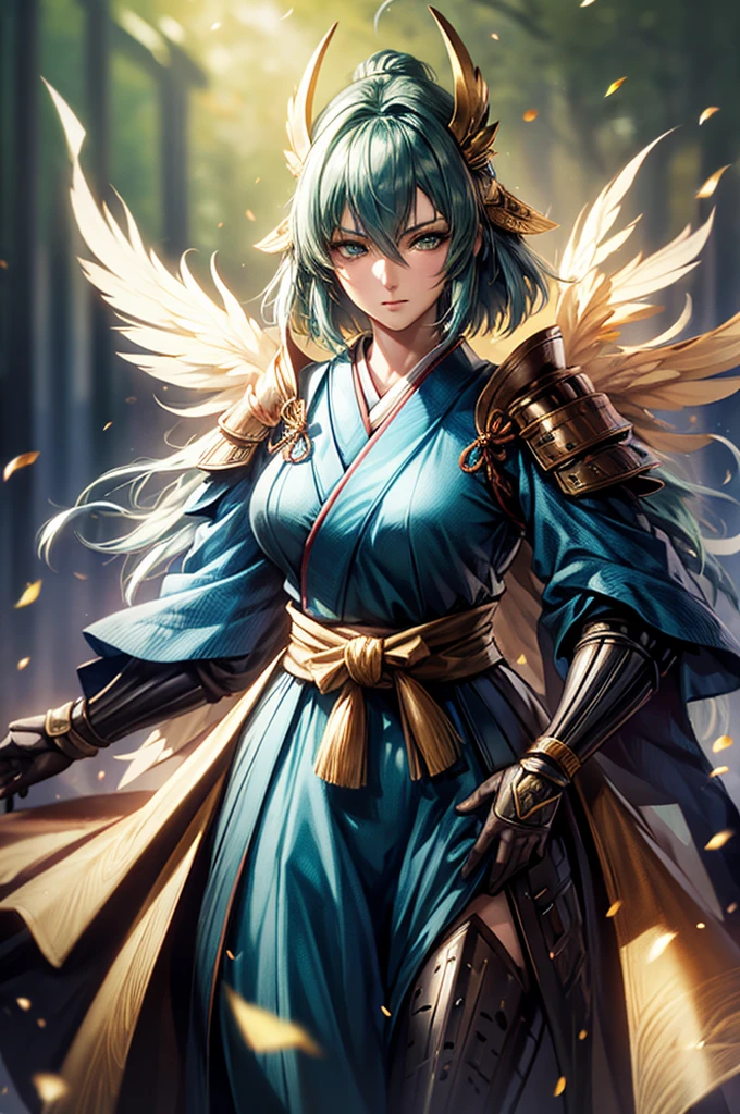 wearing armor One adult female, wearing light armor, wearing green kimono, short hair, ahoge, hair over one eye, blue hair, green Eyes, tareme, half-closed eyes, Light makeup, intense sad, tite waist, Big Breasts, full body, hair over eye, anime, cinematic lighting, cowboy shot, UHD, retina, masterpiece, accurate, anatomically correct, textured skin, super detail, high details, high quality, award winning, best quality, highres, 8k