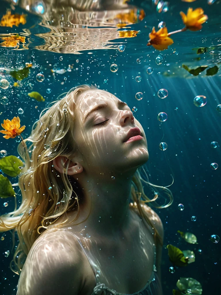 Blonde ,face, 10years old,underwater,eyes closed,loose hair,some petals and leaves float on the water surface,
light leaks,many bubbles underwater,
Extremely high-resolution details,photographic,realism pushed to extreme,fine texture,incredibly absurdres,absurdres,masterpiece,Extremely high-resolution details,realism pushed to extreme,fine texture,Hyperrealism style,