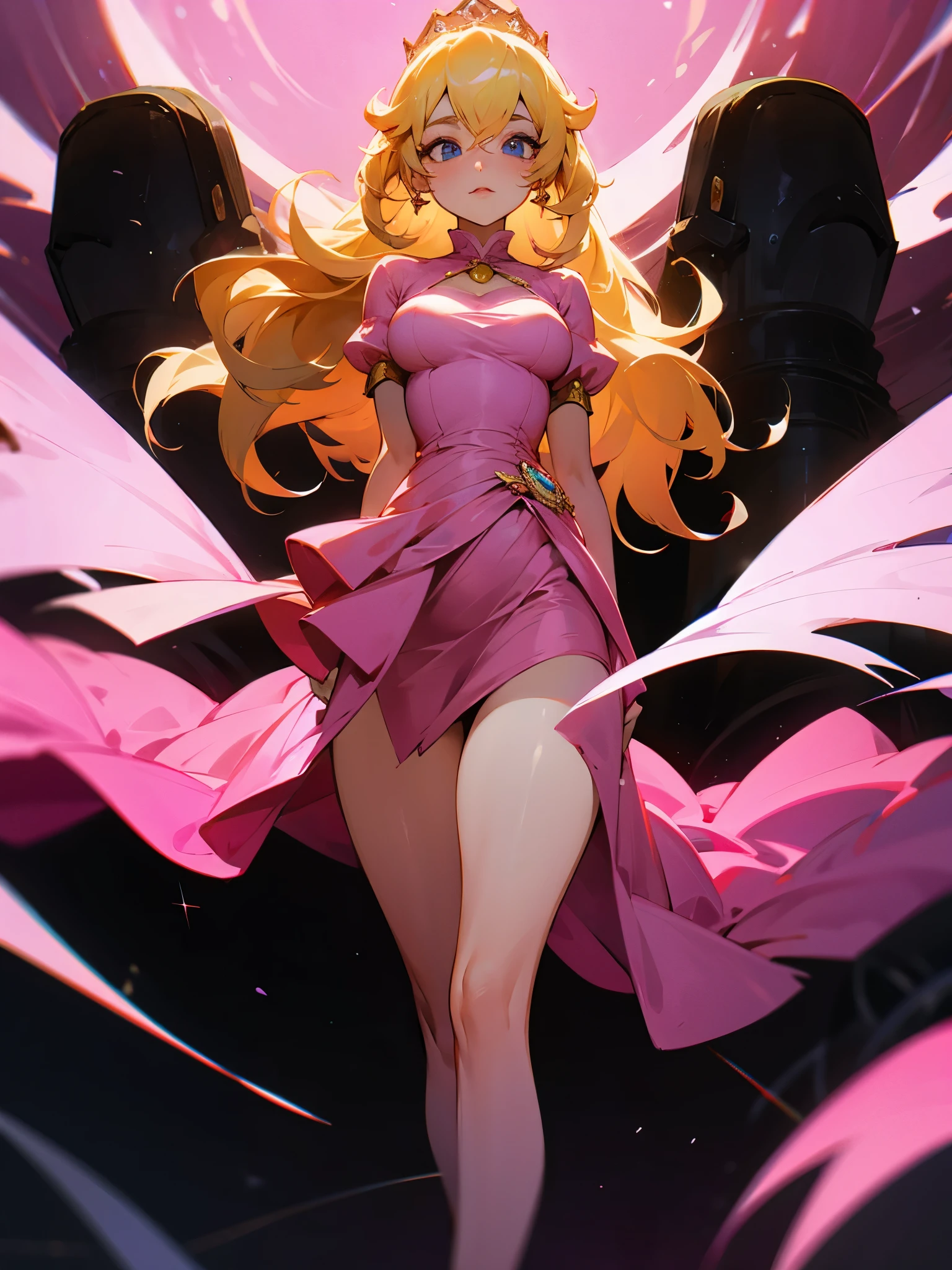 Princesa Peach, Standing, pink dress, medium breasts, imposing face, good lighting
