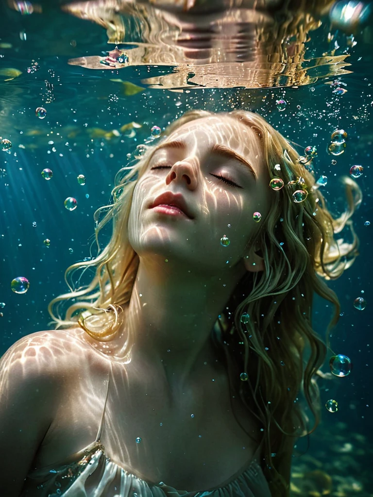 Blonde ,face, 10years old,front, underwater,eyes closed,loose hair,some petals and leaves float on the water surface, light leaks,many bubbles underwater, Extremely high-resolution details,photographic,realism pushed to extreme,fine texture,incredibly absurdres,absurdres,masterpiece,Extremely high-resolution details,realism pushed to extreme,fine texture,Hyperrealism style,