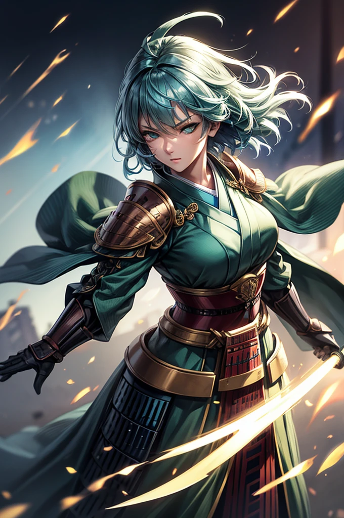 wearing armor One adult female, wearing light armor, wearing green kimono, short hair, ahoge, hair over one eye, blue hair, green Eyes, tareme, half-closed eyes, Light makeup, intense sad, tite waist, Big Breasts, full body, hair over eye, anime, cinematic lighting, cowboy shot, UHD, retina, masterpiece, accurate, anatomically correct, textured skin, super detail, high details, high quality, award winning, best quality, highres, 8k