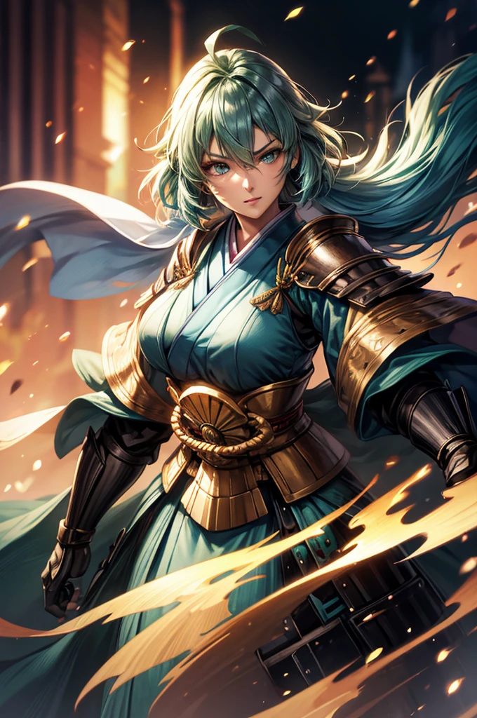 wearing armor One adult female, wearing light armor, wearing green kimono, short hair, ahoge, hair over one eye, blue hair, green Eyes, tareme, half-closed eyes, Light makeup, intense sad, tite waist, Big Breasts, full body, hair over eye, anime, cinematic lighting, cowboy shot, UHD, retina, masterpiece, accurate, anatomically correct, textured skin, super detail, high details, high quality, award winning, best quality, highres, 8k