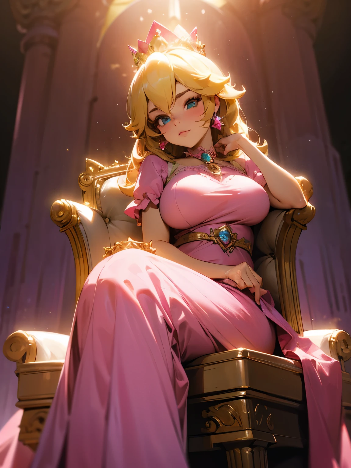 Princesa Peach, sitting on her throne, thoads around, pink dress, big breasts, imposing face, good lighting
