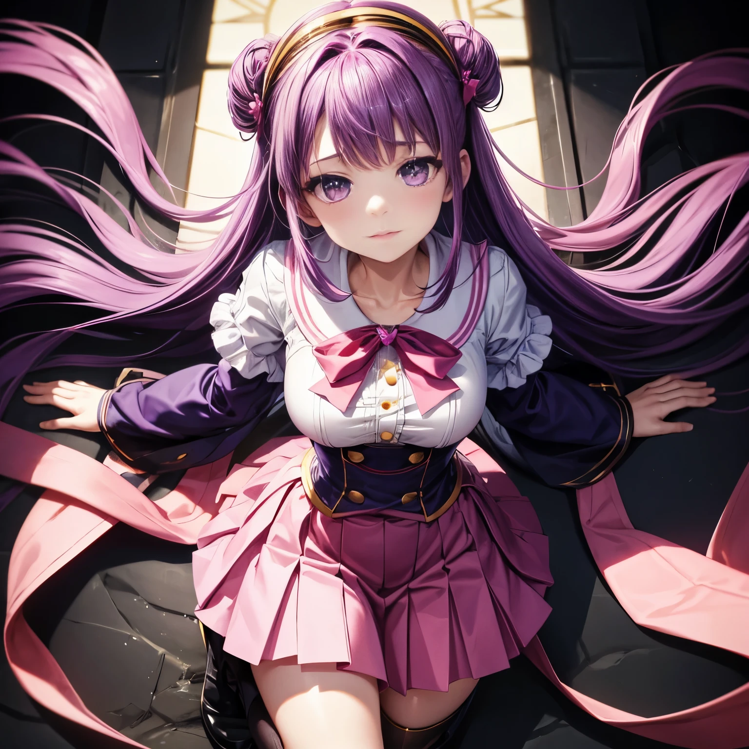 4k, HDR, full HD, Masterpiece, 1girl, (purple hair), perfect anatomy, full body, A long-sleeved top: White, with red details. This top has a tight and elegant design that highlights your figure. She wears a kind of pink bow with a purple gem on top of her blouse, like the sailor version in the anime. A short pink pleated skirt, with two white lines at the end. The skirt is super tight at the waist, with yellow buttons. Blue gloves: They cover a little above the wrists, fingers are exposed. High red ankle boots, a pink ribbon that she wears on her head, sideways, forming a bow, with a gold star in the center. Some black stockings that extend before the skirt.