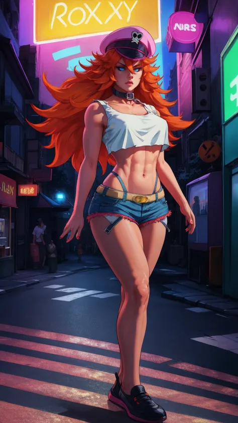 roxy,orange hair,blue eyes,long hair,white crop top,collar,short shorts, peaked cap, upper body,walking, nice shoes,looking at v...