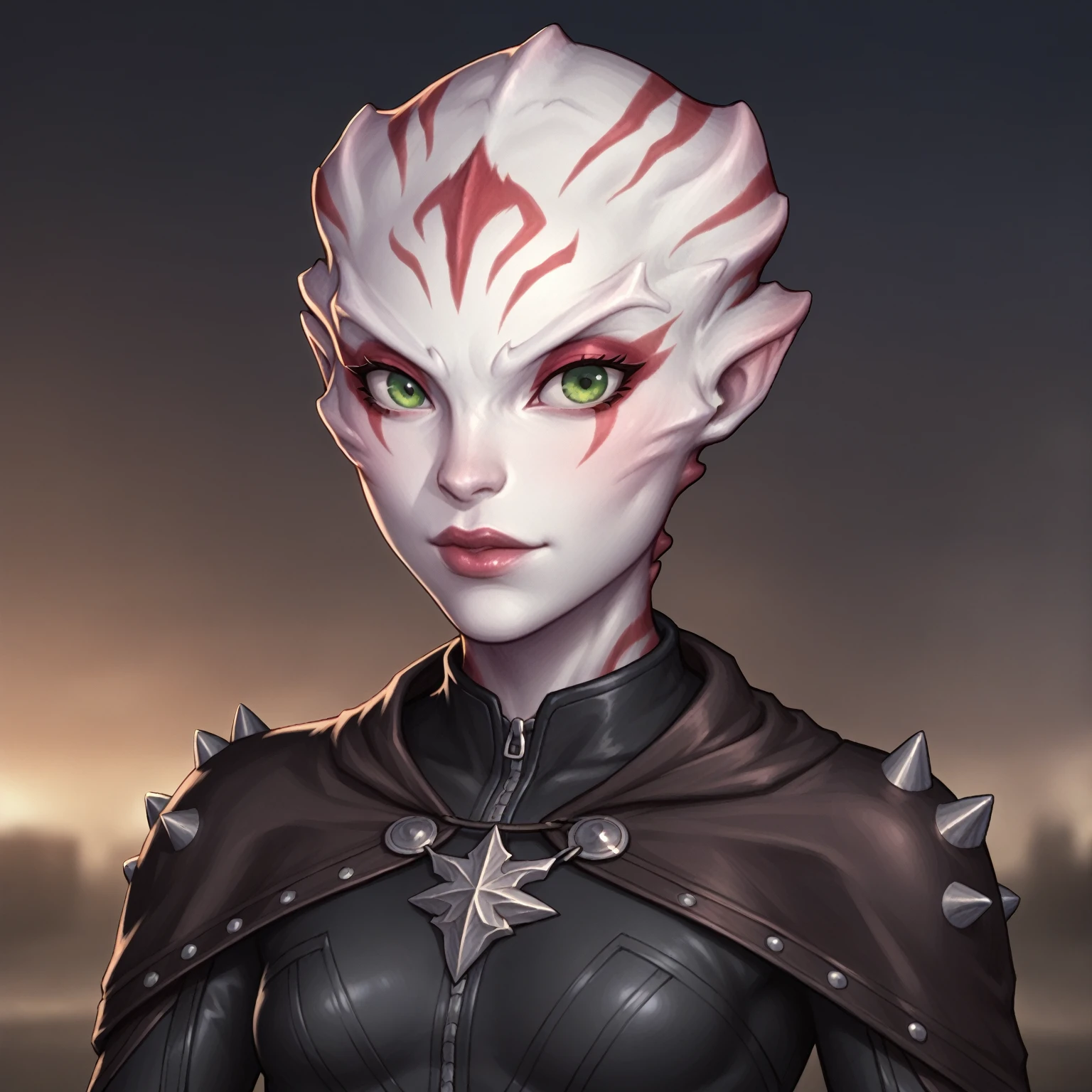 (((high quality, comics style, detailed face))), score_9, score_8_up, score_7_up, BREAK, bust shoot view, solo, 1girl, ((parshendi, alien, carapace, white skin with red marbling)), green eyes, slender, small breasts, black studded jumpsuit, cropped cloak, leather bracers, fantasy background, blurred background, Expressiveh, detailxl